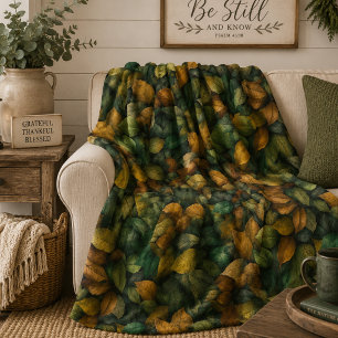 Green Gold Botanical Earth Tones Fall Leaves Fleece Blanket