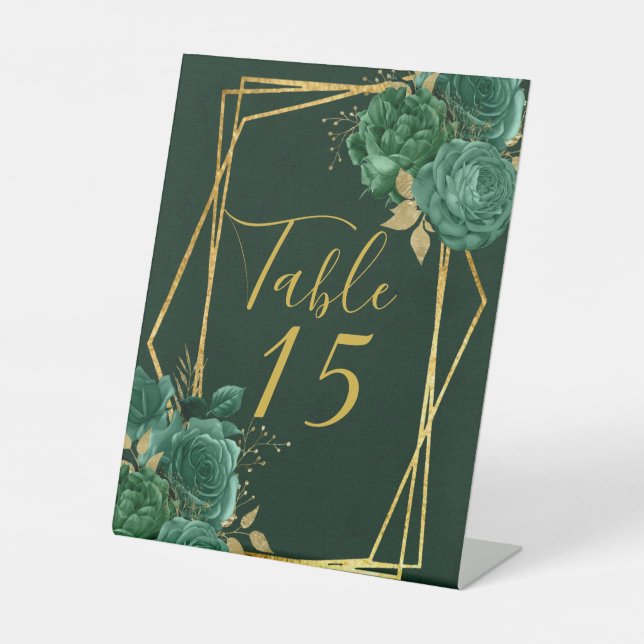 Green Gold Botanical Florals Wedding Table Number Pedestal Sign (Front)
