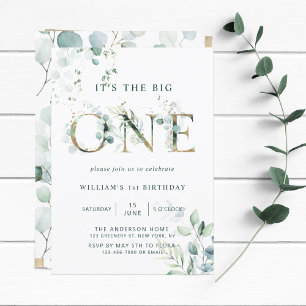 Green & Gold Botanical Letters First Birthday Invitation