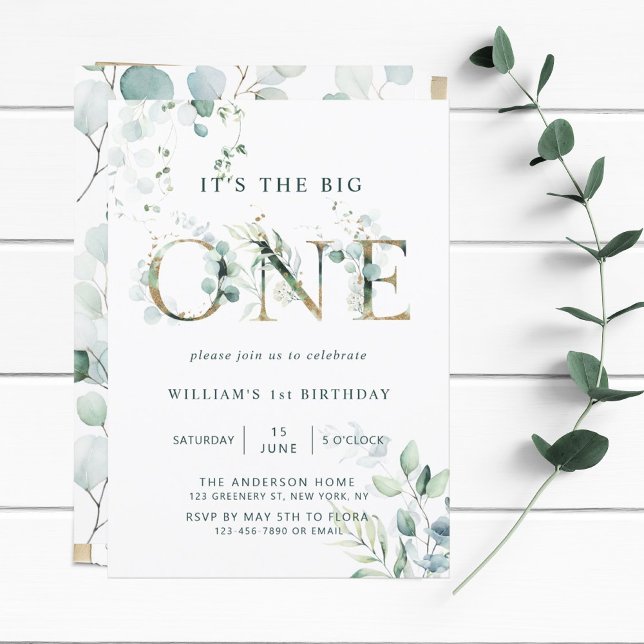 Green & Gold Botanical Letters First Birthday Invitation (Creator Uploaded)