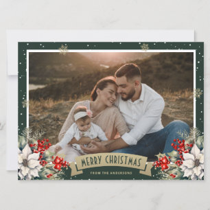 Green Gold Botanical Snowflake Photo Christmas Holiday Card