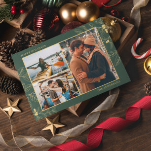 Green Gold Botanical Three Photo Christmas Holiday