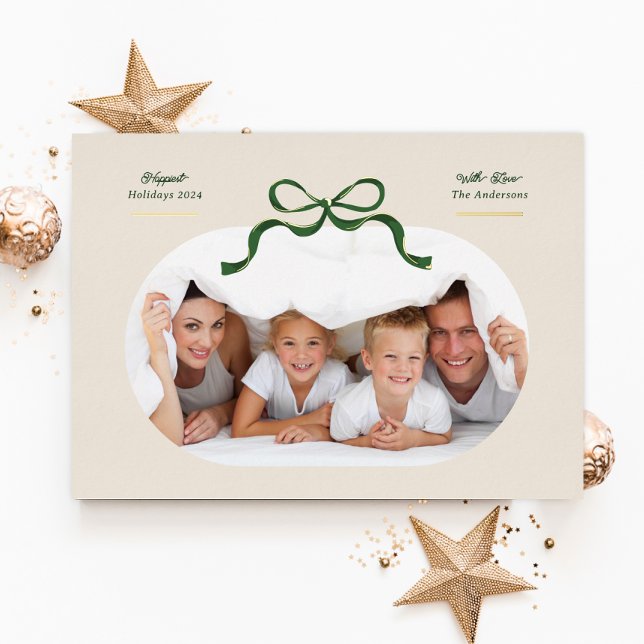 Green & Gold Bow | Happiest Holidays | Oval Photo Foil Holiday Card (Creator Uploaded)