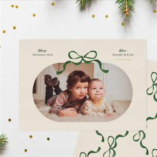 Green & Gold Bow   Merriest Christmas   Oval Photo Foil Holiday Card