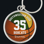 Green gold boys girls sports team name basketball key ring<br><div class="desc">This basketball themed keychain for boys or girls features a simple basketball graphic with two recolored panels--one green and one gold--and easily customizable school name & mascot name and player name & jersey number - by katz_d_zynes</div>