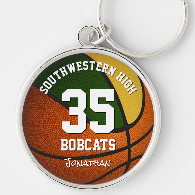 Green gold boys girls sports team name basketball key ring (Front)