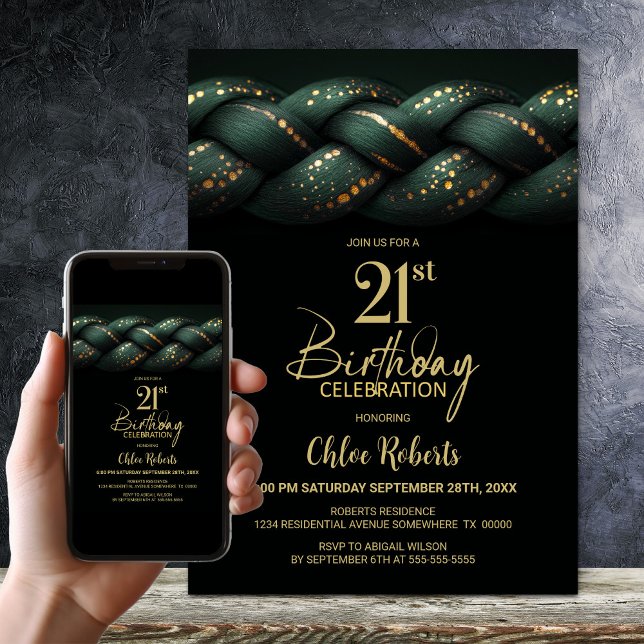 Green Gold Braid 21st Birthday Party Invitation (Creator Uploaded)