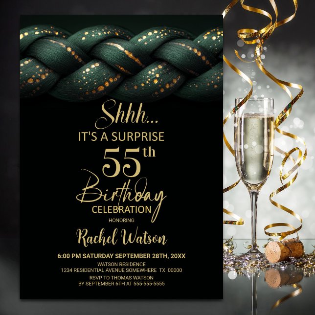 Green Gold Braid Surprise 55th Birthday Party Invitation (Creator Uploaded)