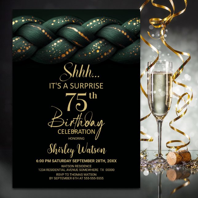 Green Gold Braid Surprise 75th Birthday Party Invitation (Creator Uploaded)