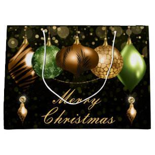 Green gold & brown safari Christmas Baubles Large Gift Bag