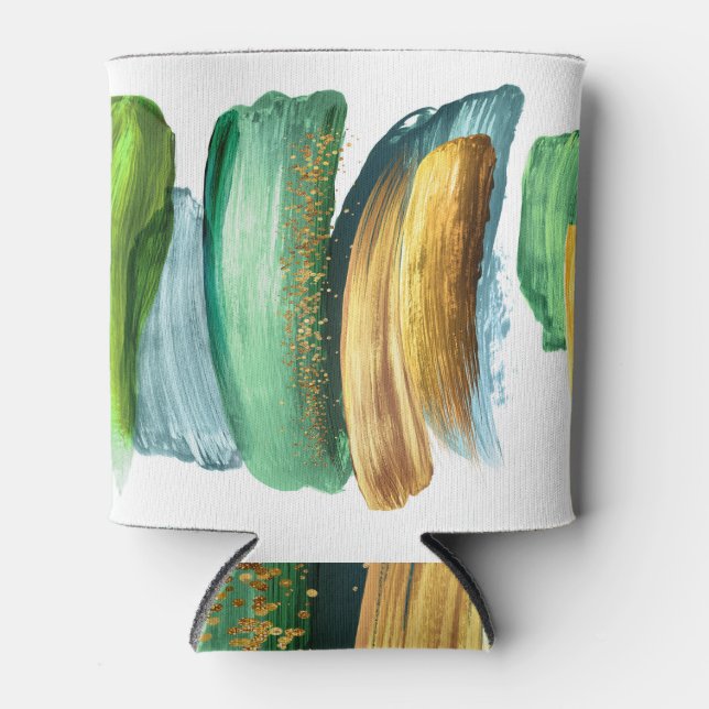 Green Gold Brushstrokes: Digital Artistry. Can Cooler (Front)