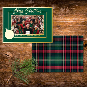 Green Gold Bulb Merry Christmas Script Photo Foil Holiday Card