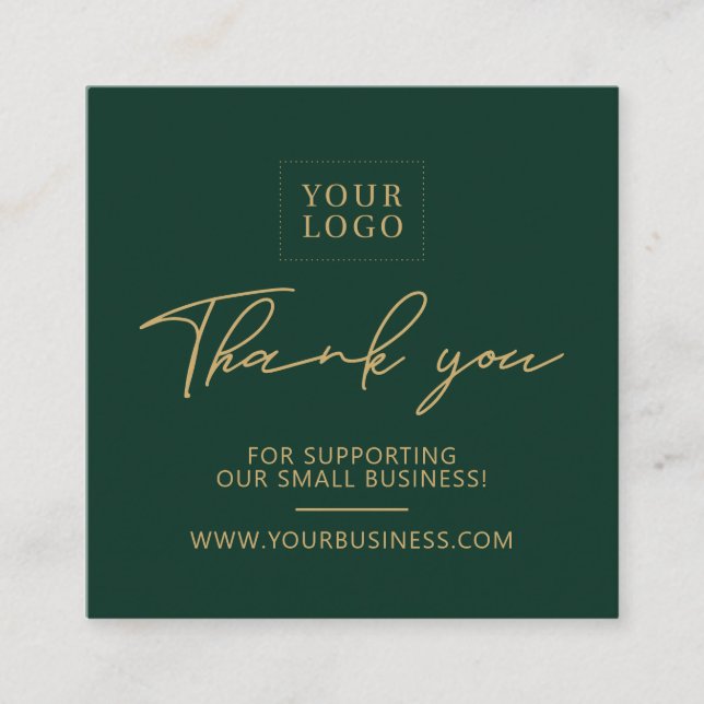 Green & Gold Business Logo Packaging Thank you Square Business Card (Front)