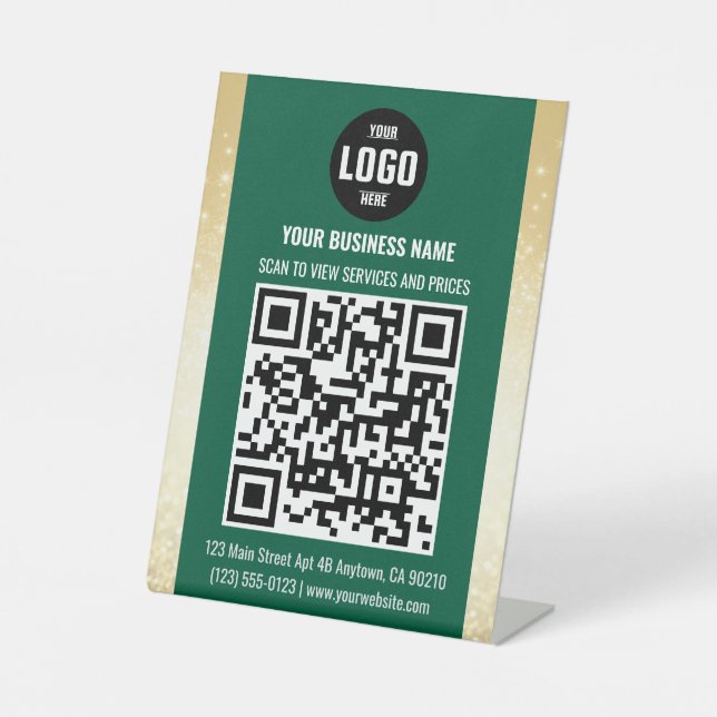 Green & Gold Business QR Code Pedestal Sign (Front)