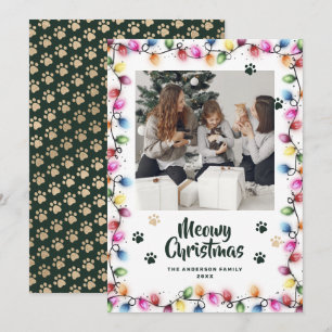 Green Gold Cat Paws Colourful Photo Meowy Holiday Card