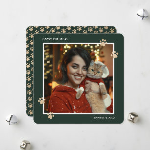 Green Gold Cat Paws Photo Meowy Christmas Card