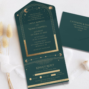 Green Gold Celestial Sun Moon All In One Wedding Invitation