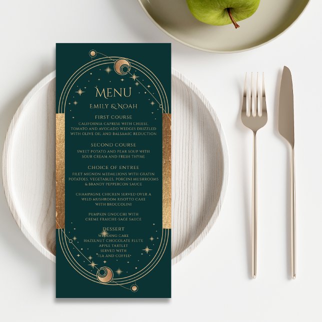 Green Gold Celestial Sun Moon Stars Wedding Menu (Creator Uploaded)