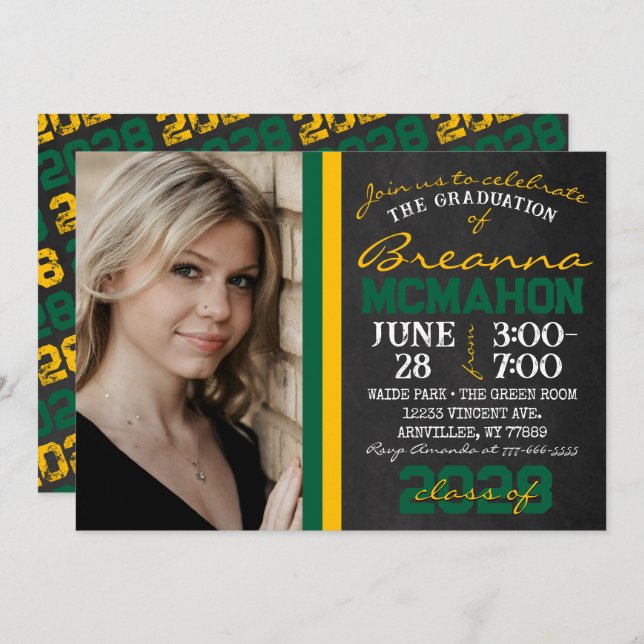 Green & Gold Chalkboard Graduation Photo Invitation (Front/Back)