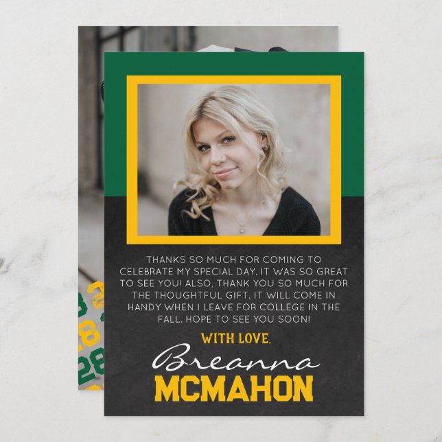 Green & Gold Chalkboard Graduation Photo Thank You Invitation (Front/Back)