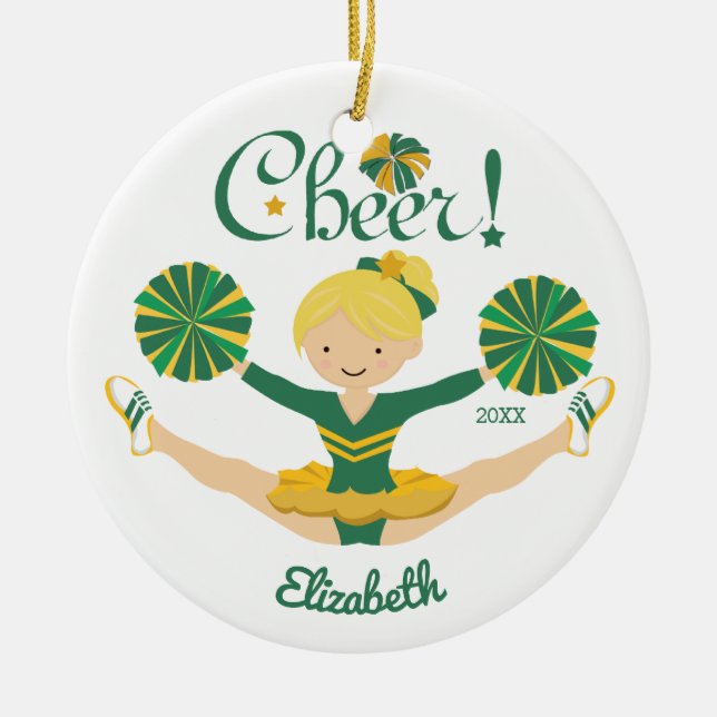 Green & Gold Cheer Blonde Cheerleader Ornament (Front)