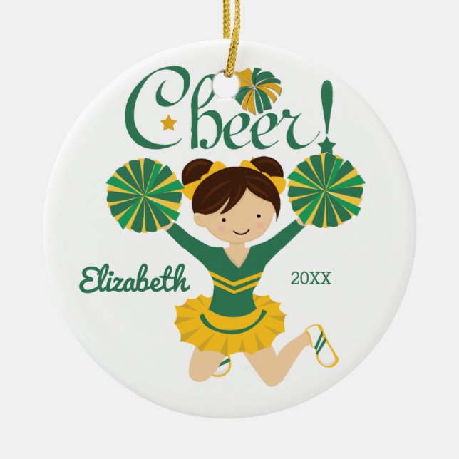 Green & Gold Cheer Dark Hair Cheerleader Ornament (Front)