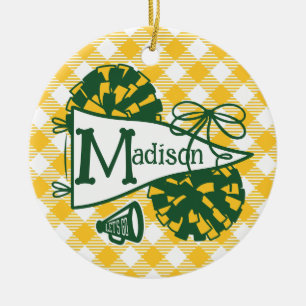 Green Gold Cheer Pennant Gingham Personalised Ceramic Ornament