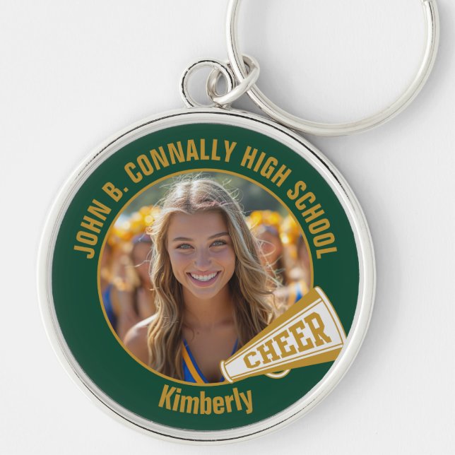 Green Gold Cheerleader Photo High School Key Ring (Front)