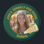 Green Gold Cheerleader Photo High School Magnet<br><div class="desc">This cool customized high school cheerleader photo gift features gold typography of your team and player name on a dark green magnet with a cheer megaphone. Personalize with your student's photograph and class year as a proud cheerleading parent. A great gift for a mom or dad.</div>