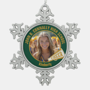 Green Gold Cheerleader Photo High School Snowflake Pewter Christmas Ornament