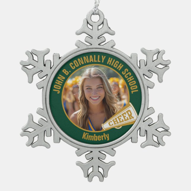 Green Gold Cheerleader Photo High School Snowflake Pewter Christmas Ornament (Front)