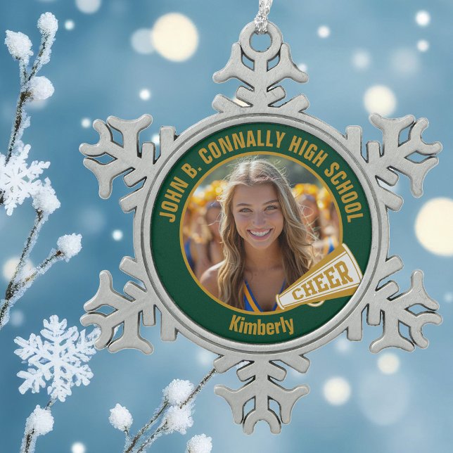 Green Gold Cheerleader Photo High School Snowflake Pewter Christmas Ornament (Creator Uploaded)