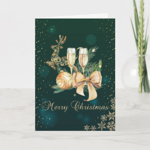 Green,Gold Christmas Balls,Wine Glass,Snowflakes  Holiday Card