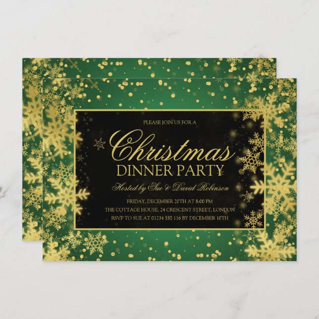 Green Gold Christmas Dinner Winter Snowflakes Invitation (Front/Back)