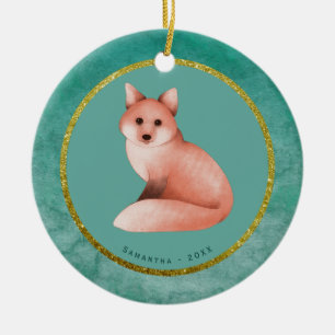 Green Gold Christmas Fox Personalised Name Date Ceramic Ornament