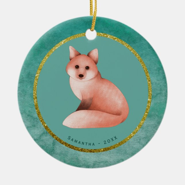 Green Gold Christmas Fox Personalised Name Date Ceramic Ornament (Front)