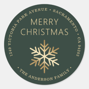 Green Gold Christmas Snowflake Return Address Classic Round Sticker