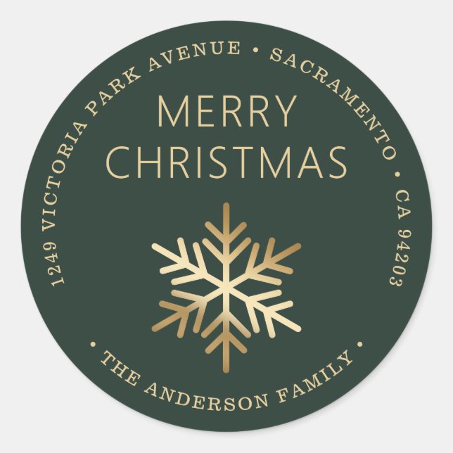 Green Gold Christmas Snowflake Return Address Classic Round Sticker (Front)