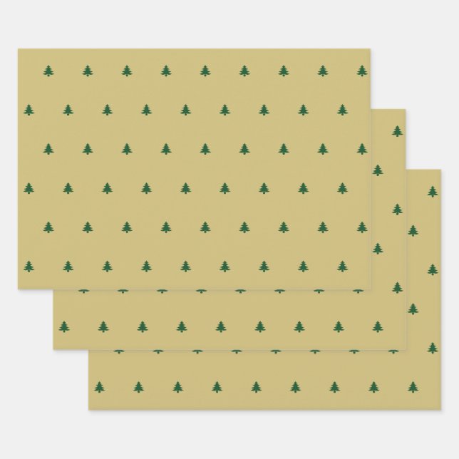 Green/Gold Christmas Tree Simple Iconic Pattern Wrapping Paper Sheet (Set)