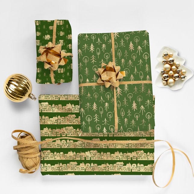 Green Gold Christmas Trees and Snow  Wrapping Paper Sheet (Green Gold Christmas Trees and Snow Wrapping Paper Sheets)