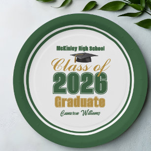 Green Gold Class of 2026 Graduation Party Paper Plate