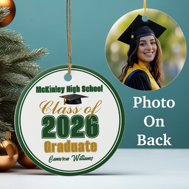 Green Gold Class of 2026 Graduation Photo Ceramic Ornament (Creator Uploaded)