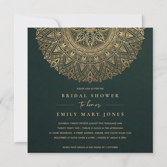 GREEN GOLD CLASSIC ORNATE MANDALA BRIDAL SHOWER INVITATION (Front)