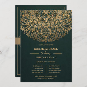 GREEN GOLD CLASSIC ORNATE MANDALA REHEARSAL DINNER INVITATION