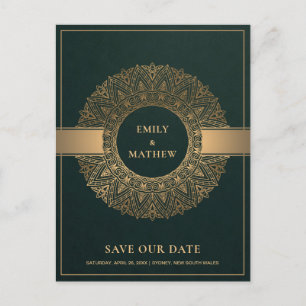 GREEN GOLD CLASSIC ORNATE MANDALA SAVE THE DATE ANNOUNCEMENT POSTCARD