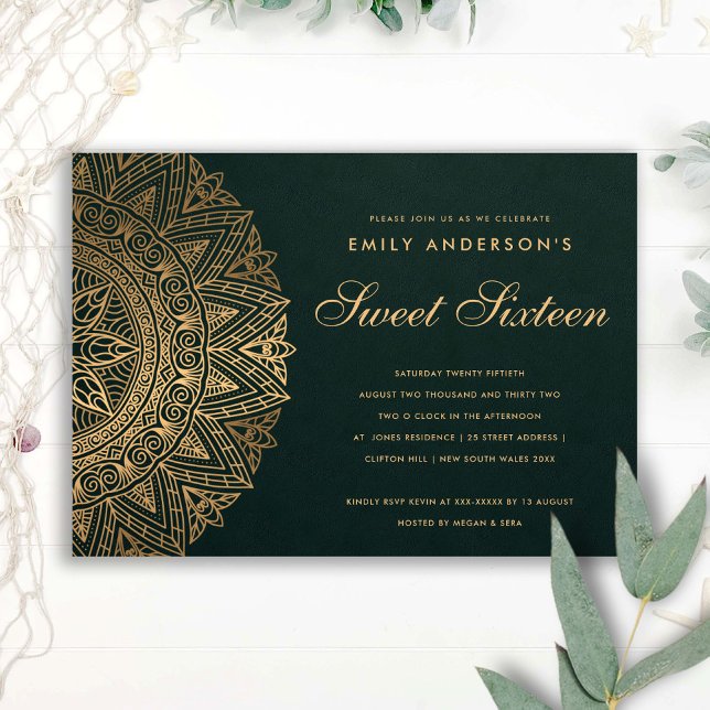 GREEN GOLD CLASSY ORNATE MANDALA SWEET 16 BIRTHDAY INVITATION (Creator Uploaded)