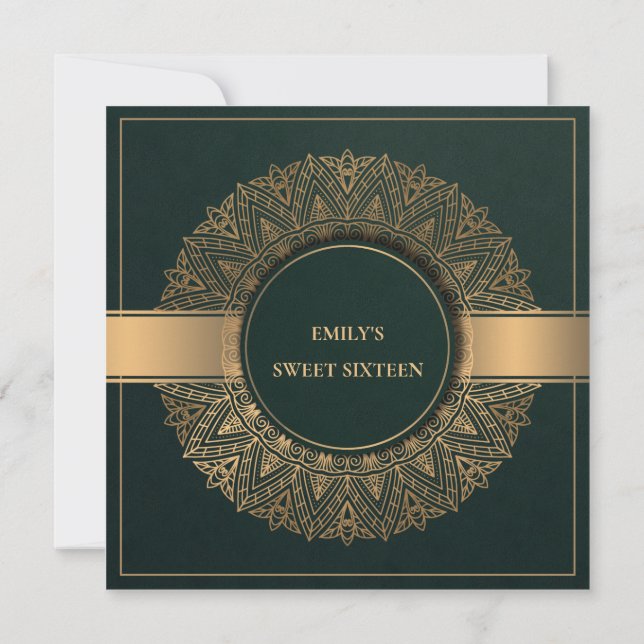 GREEN GOLD CLASSY ORNATE MANDALA SWEET 16 BIRTHDAY INVITATION (Back)