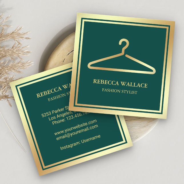 Green Gold Clothes Hanger Fashion Stylist Square Business Card (Creator Uploaded)