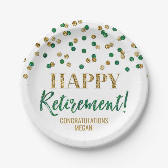 Green Gold Confetti Happy Retirement Paper Plate (Front)