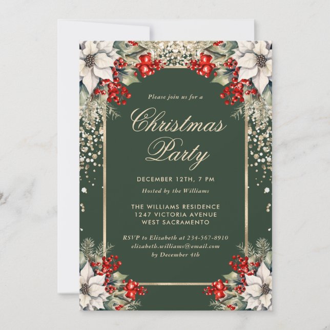 Green Gold Confetti Holly Berries Christmas Party Invitation (Front)